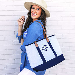 Classic Monogrammed Canvas Seersucker Tote - Sunny and Southern