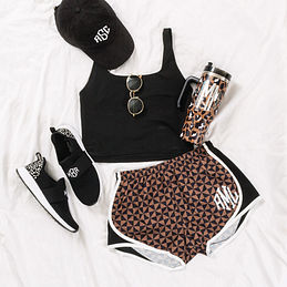 brown and black checkers monogrammed running shorts ootd