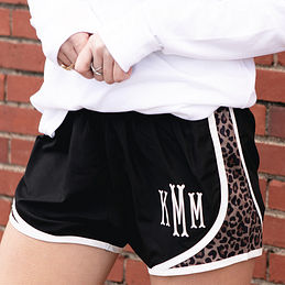close up of leopard running shorts