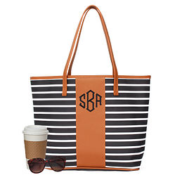 monogrammed black and white striped tote