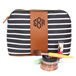 monogrammed black and white striped cosmetic bag