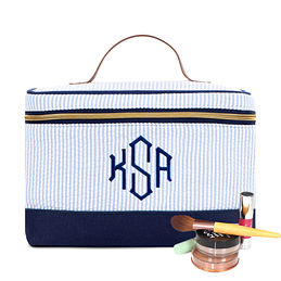 navy monogrammed seersucker train case