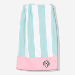monogrammed towel wrap in blue and white cabana stripes - update