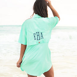 back of mint fishing shirt at the beach