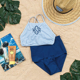 seersucker monogrammed high neck bikini top with high waisted bottoms and straw hat