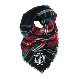 monogrammed plaid blanket scarf in black