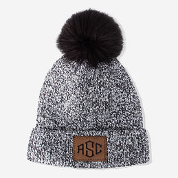 monogrammed marbelized knit beanie in charcoal