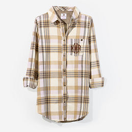 monogrammed plaid layering tunic in tan lilac