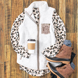 ivory sherpa vest with leopard long sleeve shirt