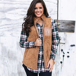 camel monogrammed sherpa vest with plaid layering tunic