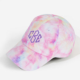 monogrammed tie dye baseball hat with lavender monogram