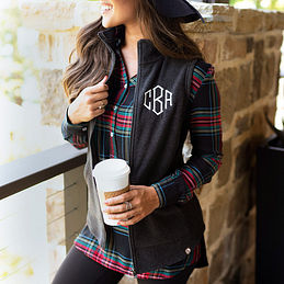 monogrammed charcoal fleece vest with plaid tunic top