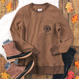 hickory brown monogrammed corded sweatshirt with duck boots
