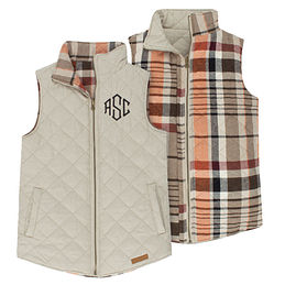 monogrammed reversible quilted vest with pumpkin plaid