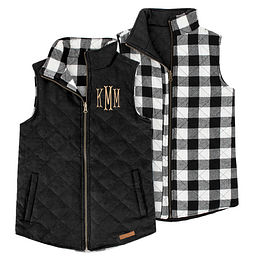 monogrammed reversible quilted vest with black buffalo plaid