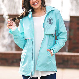 aqua monogrammed rain jacket with white tee