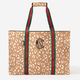 name on extra large tote bag in caramel fall leopard