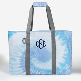 monogrammed extra large tote bag in blue tie dye swirl