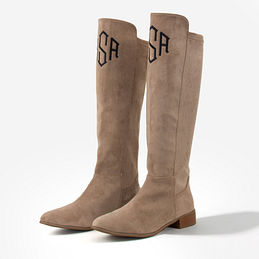 monogrammed riding boots in tan
