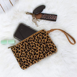 Leopard clutch leather wristlet, brown leopard wristlet, black