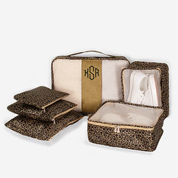 monogrammed packing bag set in leopard