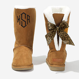 monogrammed sherpa tie booties with leopard bow - new