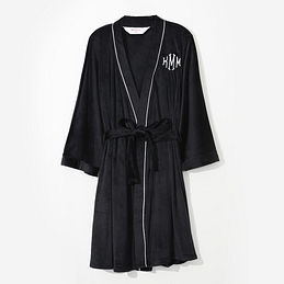 monogrammed fleece robe in black