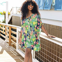 navy tropical swim suit cover up on boardwalk