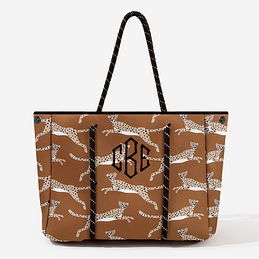 Monogrammed Neoprene Tote in Hickory Leaping Leopards