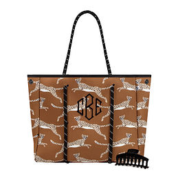 Beach tote handbag in towel fabric with monogram and gold studs