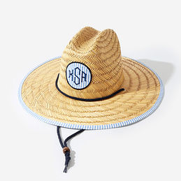 Monogrammed Straw Hat in Navy Blue Seersucker