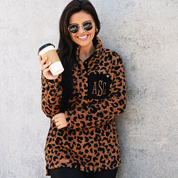 monogrammed leopard sherpa pullover close up
