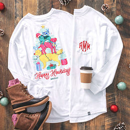 monogrammed happy howlidays t-shirt with puppy tree on back