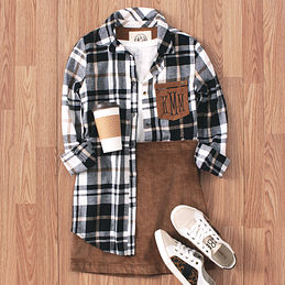 ootd with brown corduroy skirt, sneakers, and plaid tunic