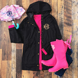Monogrammed Rain Jacket in black with rain boots and umbrella