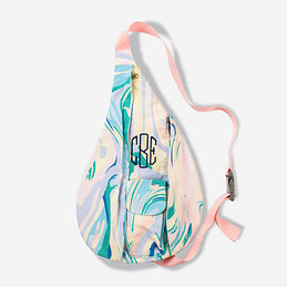 monogrammed sling pack in colorful marble