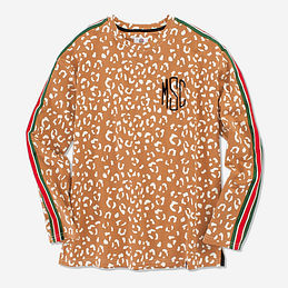 Monogrammed Striped Sleeve Sweatshirt in Caramel Leopard