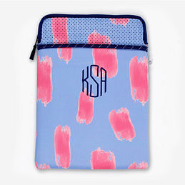 monogrammed laptop case in blue and pink paintbrush