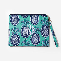 monogrammed wristlet pouch in teal pineapple