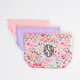 monogrammed packable cosmetic bags - coral floral