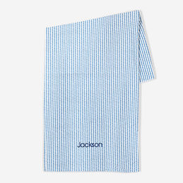 microfiber towel in navy seersucker with name