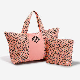monogrammed packable duffel bag in pink leopard - new