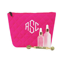 Monogrammed Diamond Quilted Cosmetic Case in Hot Pink