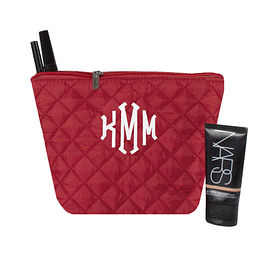 monogrammed diamond quilted cosmetic case in red