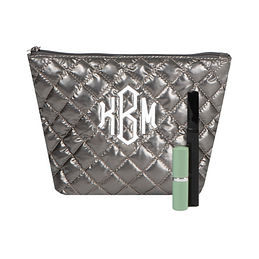 monogrammed diamond quilted cosmetic case in metallic silver