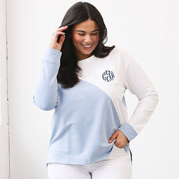 monogrammed colorblock sweatshirt with white jeans