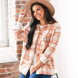 Personalized Shirt Jacket Shacket in Caramel and Peach Plaid