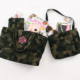 quilted camo tote set on white sheet