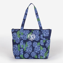 Monogrammed Quilted Tote Bag in Blue Hydrangea
