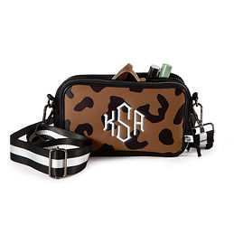 monogrammed neoprene crossbody camera Bag in hickory leopard